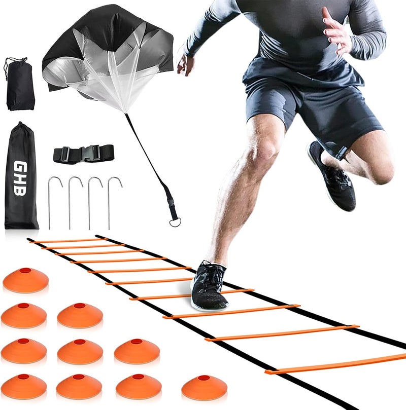 GHB Agility Ladder Speed Training Ladder Workout Ladder with 6 or 10 Cones 12 Rung 20ft with Resistance Parachute - Image 1